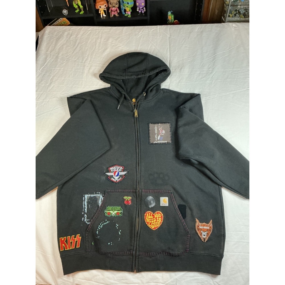 Carhartt XL Black Hoodie Patchwork Rock Band Grateful Dead KISS Guns N Roses XLG